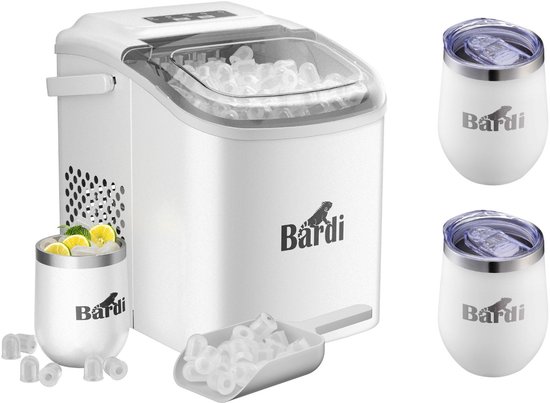 Luxe volledige set met 3 Bardi RVS dubbelwandige thermosbekers - koffiebekers - Bardi Deluxe IJsblokjesmachine 1.2L – IJsblokmaker Inclusief Luxe Thermosbeker en IJsschep – 9 Blokjes in 8 Minuten – Wit van Bardi