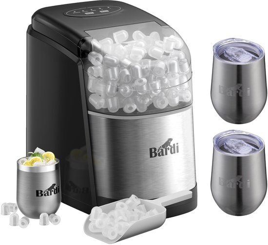 Luxe volledige set met 3 Bardi RVS dubbelwandige thermosbekers - koffiebekers - Bardi Deluxe IJsblokjesmachine 1.6L – IJsblokmaker Inclusief Luxe Thermosbeker en IJsschep – 9 Blokjes in 8 Minuten – RVS