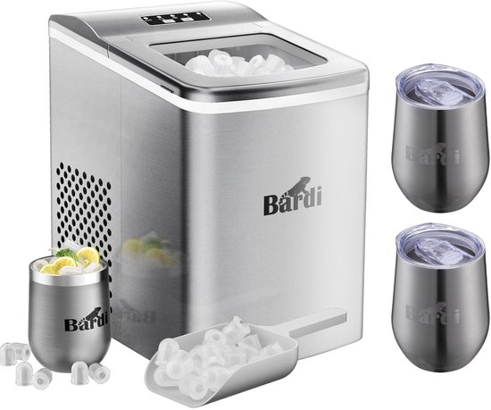 Luxe volledige set met 3 Bardi RVS dubbelwandige thermosbekers - koffiebekers - Bardi Deluxe IJsblokjesmachine 2L – IJsblokmaker Inclusief Luxe Thermosbeker en IJsschep – 9 Blokjes in 8 Minuten – RVS van Bardi