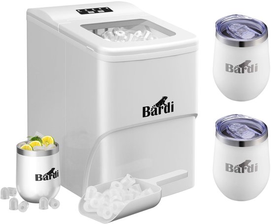 Luxe volledige set met 3 Bardi RVS dubbelwandige thermosbekers - koffiebekers - Bardi Deluxe IJsblokjesmachine 2L – IJsblokmaker Inclusief Luxe Thermosbeker en IJsschep – 9 Blokjes in 8 Minuten – WIT van Bardi