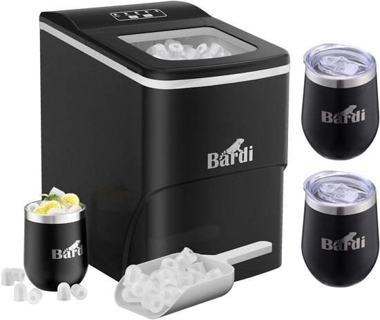 Luxe volledige set met 3 Bardi RVS dubbelwandige thermosbekers - koffiebekers - Bardi Deluxe IJsblokjesmachine 2L - IJsblokmaker Inclusief Luxe Thermosbeker en IJsschep - 9 Blokjes in 8 Minuten - ZWART van Bardi