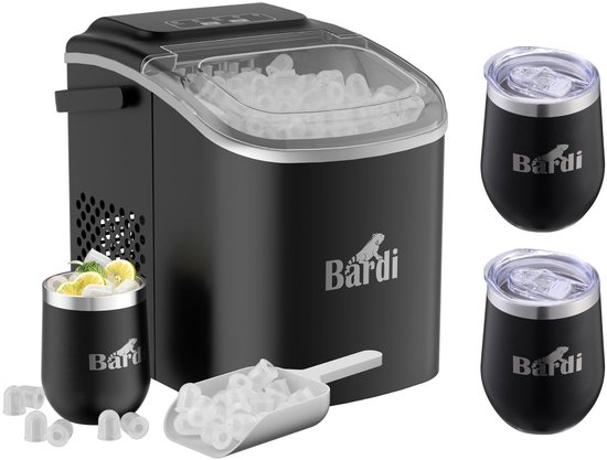 Luxe volledige set met 3 Bardi RVS dubbelwandige thermosbekers - koffiebekers Bardi Deluxe IJsblokjesmachine – IJsblokmaker Inclusief Luxe Thermosbeker en IJsschep – 9 Blokjes in 8 Minuten – Zwart
