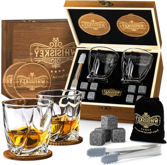 Luxe Whiskey Cadeau Set Herbruikbare IJsblokjes - Whiskey Stenen Voor Glazen - IJsklontjes Steen - Incl. 2 Whisky Glazen 8 Whiskey Stones - 2 Onderzetters - Fluwelen Opbergzak Opbergbox van Monte Stivo
