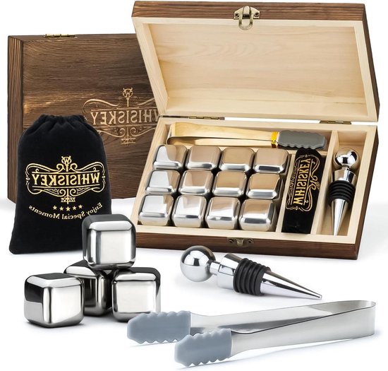 Luxe Whiskey Stenen Set 12 stuks Herbruikbare IJsblokjes Vaderdag Cadeau Fluwelen Opbergzak Flessenstopper IJstang - RVS Whiskey Stenen Voor Glazen Ice Cube Drank Koeler van Luxe