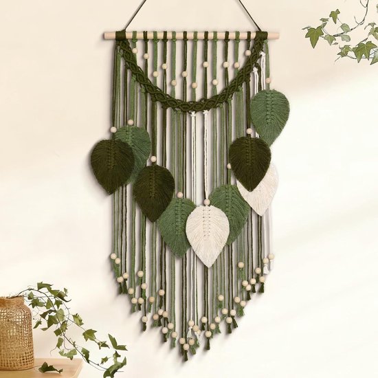 Macrame Wandhanger met Bladmotief, Bohemian Wanddecoratie voor Slaapkamer en Woonkamer, Handgemaakt en Stijlvol Interieuraccessoire in Groen en Wit van Merkloos