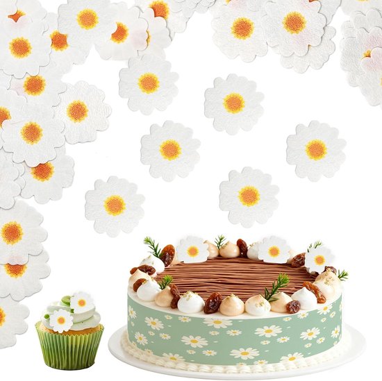 Madeliefje muffin decoratie eetbaar,Eetbare bloemen voor taarten, 4 eetbare taartlinten + 40 madeliefjes, eetbare bloemen, taartdecoraties, eetbare papieren bloemens
