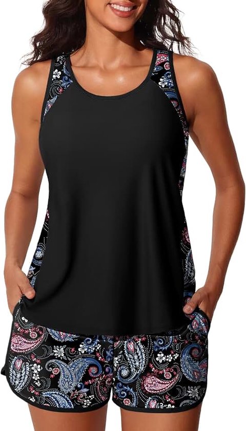 Mae Blouson Tankini Swimsuits for Women 2025 Tummy Control Two Piece Bathing Suits with Sporty Pockets Swim Shorts Black Paisley Size 14