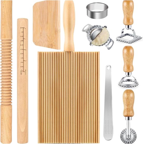 Maker Set, 11-delige set pastagereedschap Rolstok Gnocchiplank Deegschraper Dumpling Maker Ravioli Stempel voor liefhebbers van familie bakken