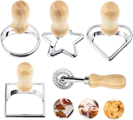 Maker Set van 5, Uitsteekvormpjes, Vormers, Snijder met Handvat, Deegwiel, Vierkante en Ronde Vormen