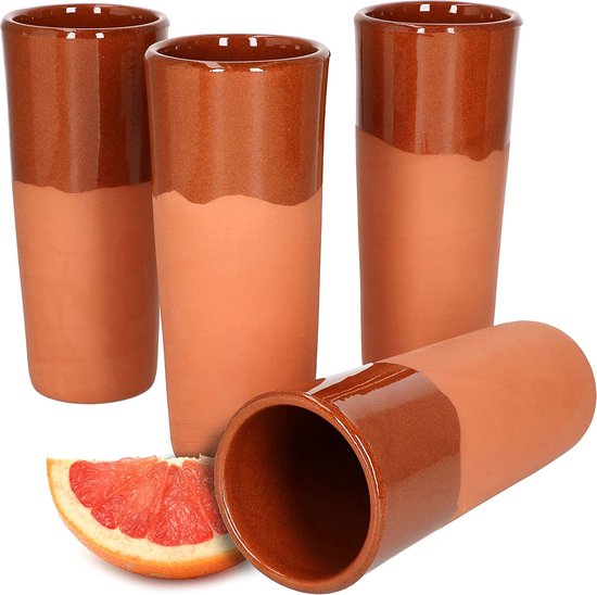 MamboCat Set van 4 bekers van 250 ml, middeleeuwse drinkbekers met de hand gemaakt, met beker, Vikingglas, klei, wijnbeker, deels geglazuurd, kleiservies, mediterrane stijl, glühwein beker zonder handvat van MAMBO