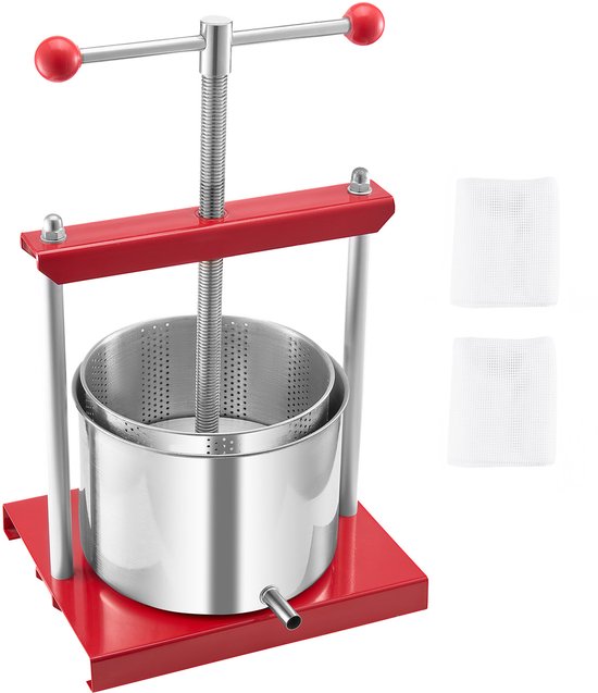 Manuele Fruitpers met 6 Liter Capaciteit – Twee Roestvrijstalen Behouders – Ideaal voor het Maken van Fruitsap, Appelcider en Druivensap – Praktisch Ontwerp met T-Handvat