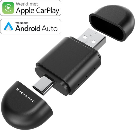 MasonPro 2-in-1 Carplay Dongle - Android Auto Dongle - Carplay Apple - Navigatiesysteem Auto - Carplay Android - Carplay Draadloos - Car Play - Wireless Carplay – USB – USB-C – Zwart – 2024 model van MasonPro