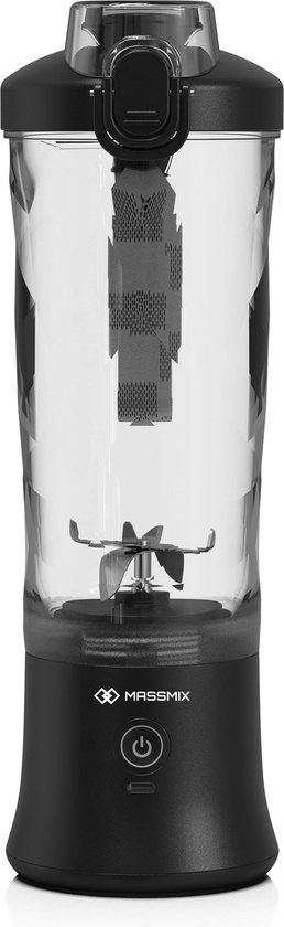 Massmix - Draagbare blender - Draadloos - Sportdeksel - USB-C opladen - 6 mesjes - 600 ML - LED verlichting - Zwart