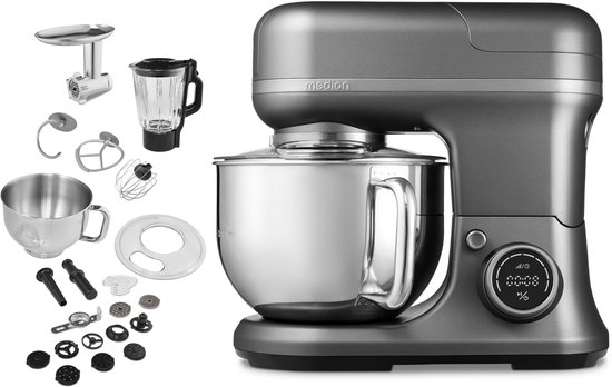 MEDION 3 in 1 universele keukenmachine (digitaal, 1200 watt, 8 standen, mengen kneden roeren hakkenmolen, ijscoupe voor het bereiden van ijs, digitaal aanraakscherm, MD18430) Titanium van Medion