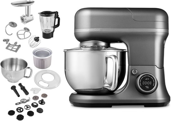 MEDION 4 in 1 universele keukenmachine (1200 watt, 8 standen, mengen kneden roeren hakken, ijskom voor het bereiden van ijs, digitaal display, MD18440) Titanium van Medion