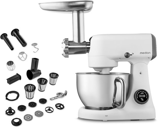 MEDION keukenmachine met hakmolen (800 watt, gelijkstroommotor, roestvrijstalen kom van 4,6 liter, energiebesparend, ultrastil, digitaal sensor-touch-display, MD12600) Wit van Medion