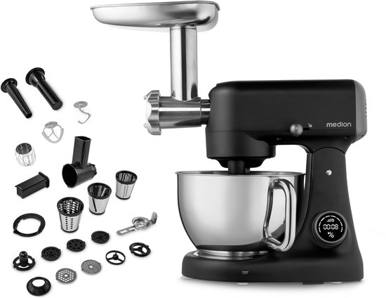 MEDION keukenmachine met vleesmolen (800 watt, gelijkstroommotor, roestvrijstalen kom van 4,6 liter, energiebesparend, zeer stil, digitaal sensor-touch-display, MD12600) Zwart van Medion