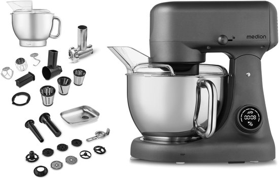 MEDION keukenmachine met vleesmolen (800 watt, gelijkstroommotor, roestvrijstalen kom van 4,6 liter, energiebesparend, zeer stil, digitaal sensor-touchdisplay, MD12600) Titanium van Medion