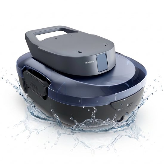 MEDION PR1 Zwembadrobot accu, voor opzetzwembad, bodemreiniging zwembad, One-Click-bediening, zelfparkeerfunctie, 120 min accuduur, 2,2 L filtercapaciteit, voor 80–100 m², incl. oplader en haak