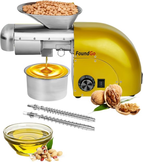 MELVRA Elektrische Oliepers - Oliepersmachine - 1800W - 0-300°C - Heet & Koud Persen - 6-9 kg/u - Voor Noten, Pinda's, Sesam & Amandelen - Goud van Merkloos