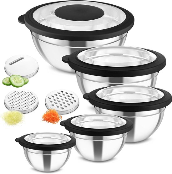 Mengkom set - Keukenbakken - Ingrediënten mengen - Met raspopzetstukken - 5 maten 4.6L - Zwart