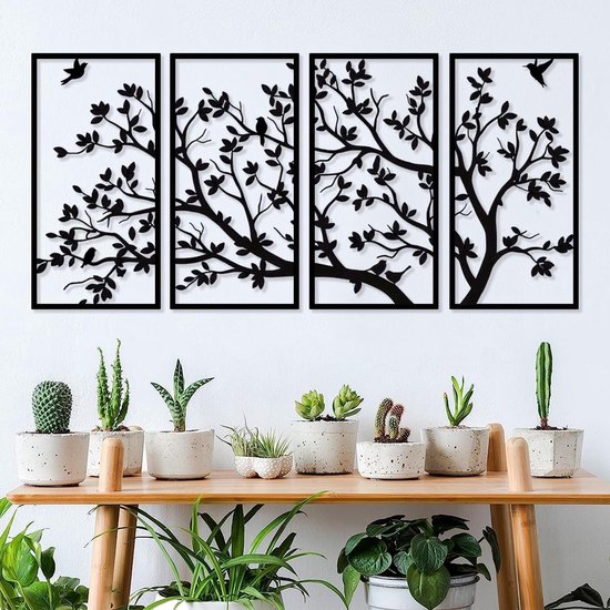 Metalen Boom des Levens Wanddecoratie in 4 Panelen voor Tuin, Slaapkamer en Woonkamer (60cm x 30cm) van Merkloos