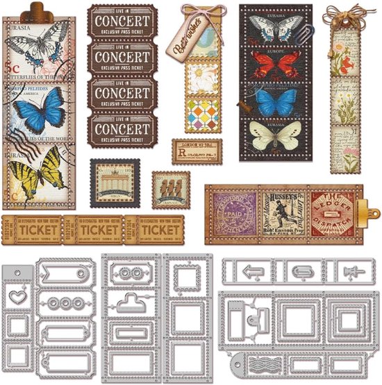 Metalen stanssjabloon, postzegels, tickets, bladwijzers, papierreliëf, stanssjablonenset, stansmallen voor kaarten maken, doe-het-zelf, papier, scrapbooking, handgemaakt fotoalbum