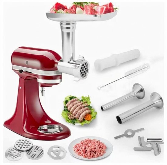Metalen Voedselmolen Opzetstuk Geschikt voor KitchenAid Keukenmachine - Vleesmolen & Worstvuller Accessoireset met 4 Maalschijven & 3 Mesjes