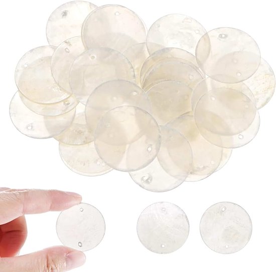 METERXITY 30 ronde Capiz-schelpen, 30 mm, 2 gaten, natuurlijke stukken voor windgong, schelpen, gordijn, doe-het-zelf handwerk, platte kralen in muntvorm [wit]