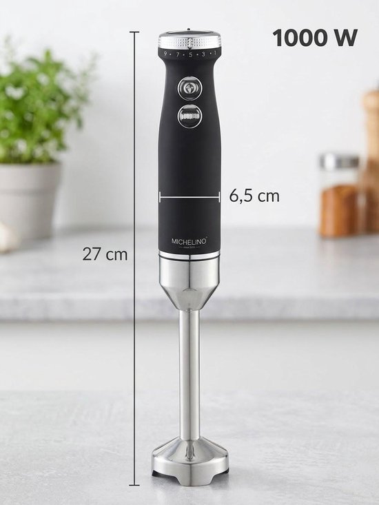MICHELINO Staafmixer 1000 W - Hand Blender - Met 5 Snelheden Met Turbo - Roestvrijstalen Mes - Zwart/Zilver Kleur