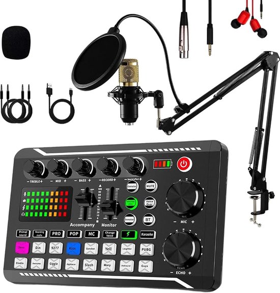 Microfoonbundels, complete F998 live geluidskaart met BM800 condensatormicrofoon, professionele podcastapparatuurbundel, DJ-mixer, effecten voor live streaming, gaming, YouTube, TikTok