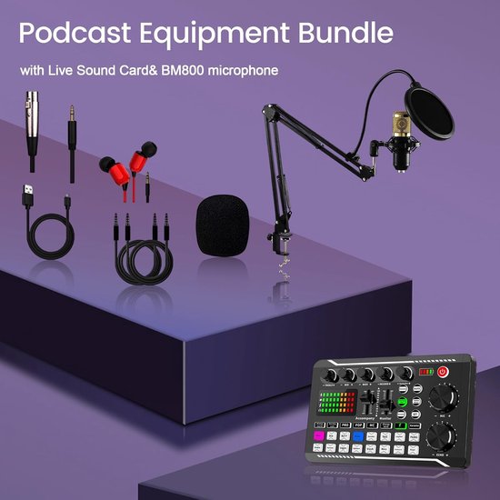 Microfoonbundels, complete F998 live geluidskaart met BM800 condensatormicrofoon, professionele podcastapparatuurbundel, DJ-mixer, effecten voor live streaming, gaming, YouTube