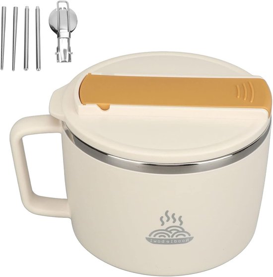 Microwave Noodle Bowl Set met Deksel, Spork en Chopsticks - 1200ml Soepkom met Handvat voor Kantoor en Studentenhuis (Beige) van Merkloos