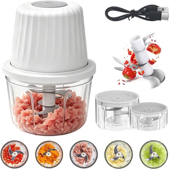 Mini, 350 ml + 250 ml + 100 ml, elektrische uiensnijder, kleine elektrische groentesnijder voor uien, fruit, noten, vlees, knoflook van MINI