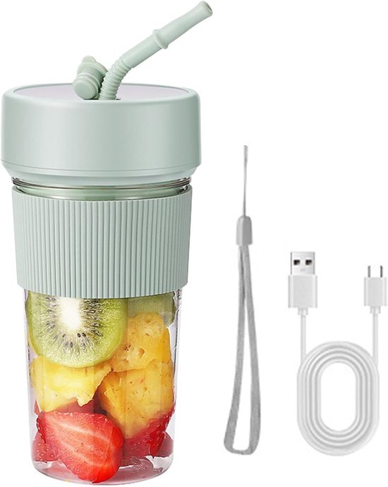 Mini Blender - 350 ml draagbare persoonlijke reisblender - 8,8 x 8,8 x 17,4 cm - Voor smoothies, milkshakes - Persoonlijke blender met rietje - Met 6 messen - Voor thuis, keuken, reizen, sport - Groen van Merkloos