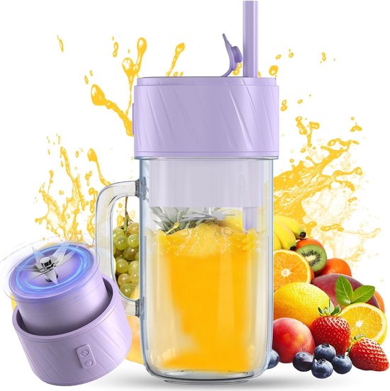 Mini Blender - Draagbare Mixer - Verse Drankjes Maken - 6 RVS Messen - 400 ml - Zwartblauw