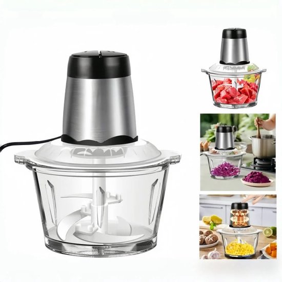 Mini-Blender - Hakmolen - Elektrische Vleesmolen - Mini Keukenmachine - Groentesnijder - Blender - Foodprocessor - 2L Glazen Kom - 300W Motor - 2 Snelheden - Vleeshakmolen - Compacte Chopper - Vaatwasserbestendig - Met Messen en Schraper - Antislip van Merkloos