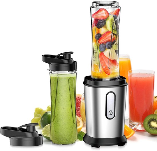 Mini Blender - Smoothie Maker - Gezond Eten Maken - 4 Scherpe Bladen - 2x 600 ml Flessen - Zilver