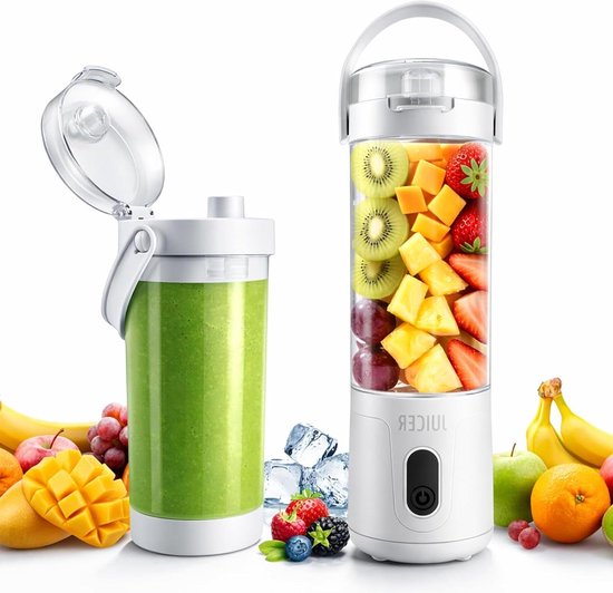 Mini Blender - Smoothie Maker - Onderweg Mixen - 12 RVS Messen - 580ml Capaciteit - Wit