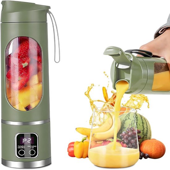 Mini blenderbeker - Perfect voor smoothies en mixen - Compact - Voor in de keuken - op reis - in de sportschool - 450 ml inhoud - Groen - 12 Messen Snelle Verpulvering - Kleine oplaadbare sapcentrifuge - Draadloos ontwerp - Mini Sapbeker