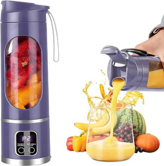 Mini blenderbeker - Perfect voor smoothies en mixen - Compact - Voor in de keuken - op reis - in de sportschool - 450 ml inhoud - Paars - 12 Messen Snelle Verpulvering - Kleine oplaadbare sapcentrifuge - Draadloos ontwerp - Mini Sapbeker