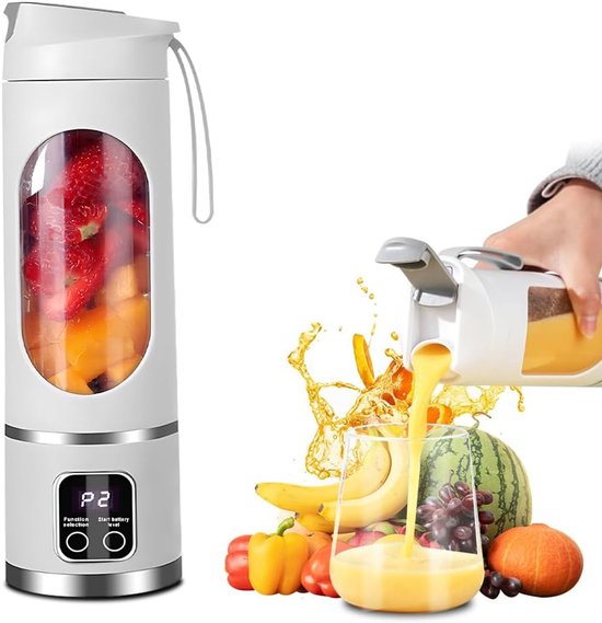 Mini blenderbeker - Perfect voor smoothies en mixen - Compact - Voor in de keuken - op reis - in de sportschool - 450 ml inhoud - Wit - 12 Messen Snelle Verpulvering - Kleine oplaadbare sapcentrifuge - Draadloos ontwerp - Mini Sapbeker