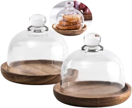 Mini Cake Stand Set van 2, Houten Taartplateau met Glazen Koepel, Perfect voor Cupcakes en Desserts, 4 Inch Taartstandaard met Deksel, Ideaal voor Feestjes en Speciale Gelegenheden van Merkloos