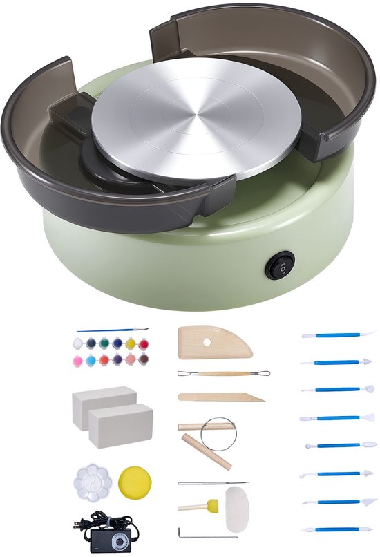 Mini draaischijf voor pottenbakken- 158 mm draaiplateau- voorwaartse en achterwaartse rotatie- instelbare snelheid- elektrische kleischijf voor kinderen en beginners- met vormgereedschap- voor thuisgebruik- pottenbaklessen- groen