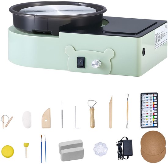 Mini draaischijf voor pottenbakken- 158 mm draaiplateau- voorwaartse en achterwaartse rotatie- instelbare snelheid- elektrische kleischijf voor kinderen en volwassenen- met vormgereedschap- voor thuisgebruik- pottenbaklessen- groen