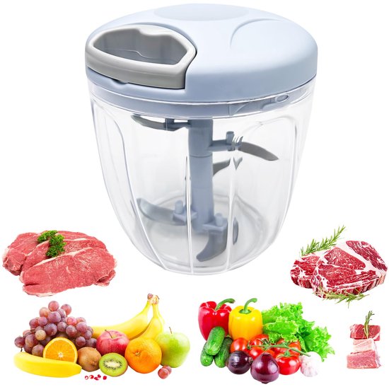 Mini Hachoir Manuel Cuisine 900 ml Met Drag Cord, Mixer 5 Lames in roestvrij staal, Oeg koppel, Hachoir Legume, Emissor (Blauw) van Emissor