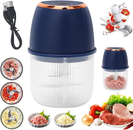 Mini-hakmolen, 350 ml, elektrische groentesnijder, uiensnijder, kleine uiensnijder voor uien, fruit, noten, vlees, knoflook, babyvoeding (donkerblauw)