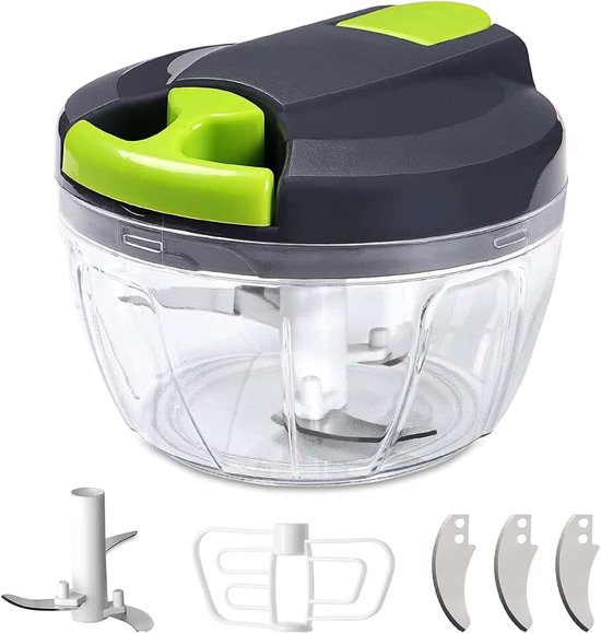 Mini Hakmolen, 520 ml Handmatige Hakmolen BPA-vrij, uienhakker, hakmolen en mengen voor groenten, uien, knoflook, gember, noten, kruiden, vruchten (Grijs groen)
