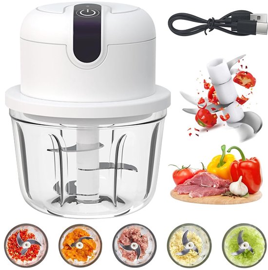 Mini Hakmolen - Elektrische Chopper - Keuken Assistentie - Draadloos USB Opladen - 350 ml Capaciteit - Wit van MINI