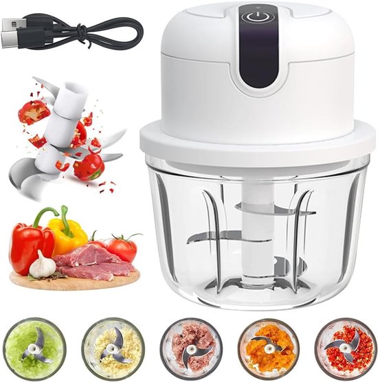 Mini Hakmolen - Elektrische Keuken - Ingrediënten Snijden - Draadloos Opladen - 350 ml - Wit